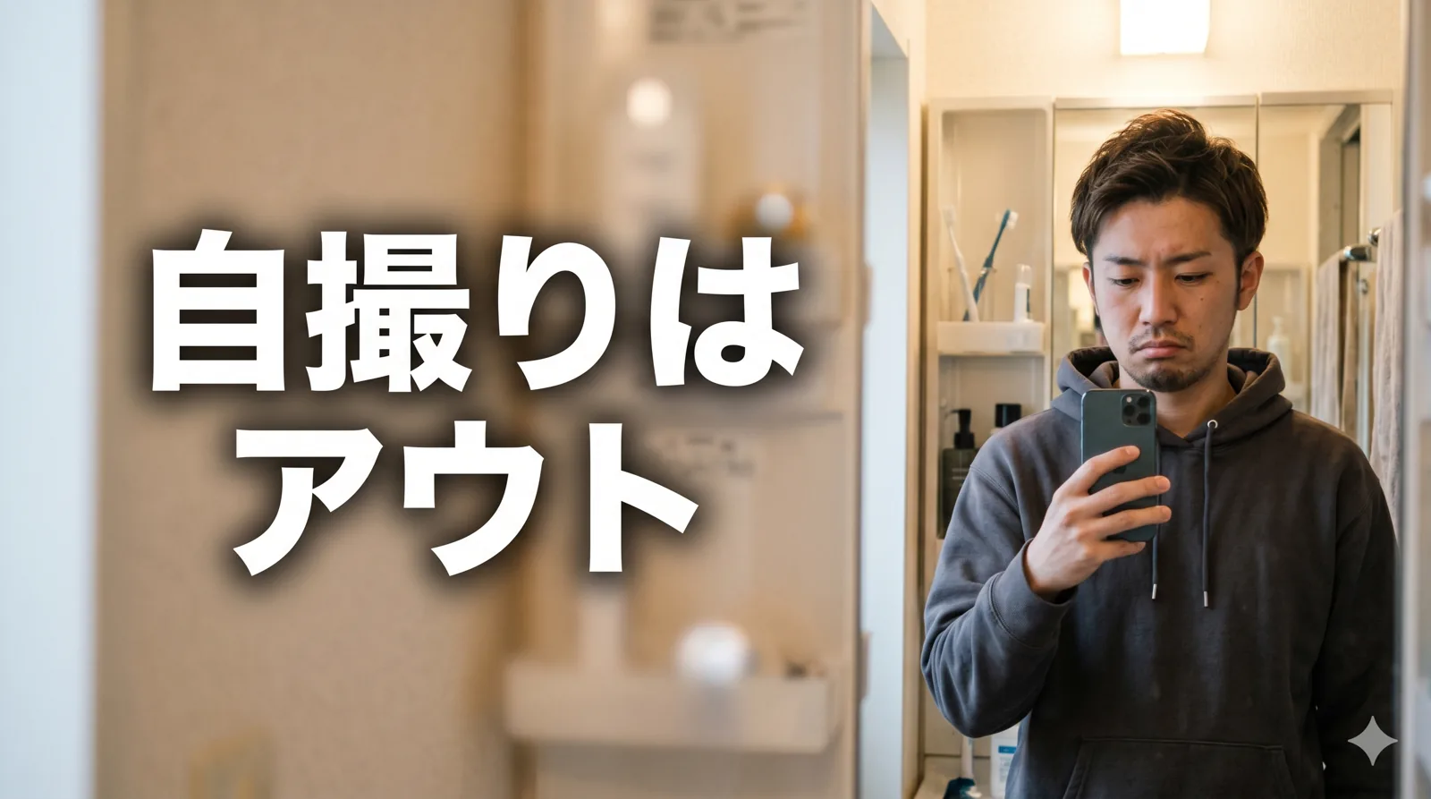 洗面所で自撮りする男性