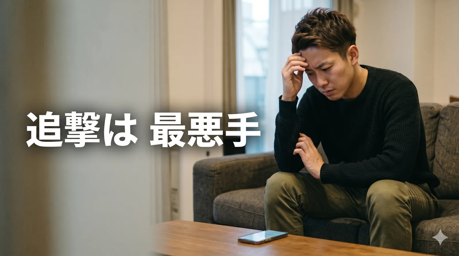 送るのをこらえる男性