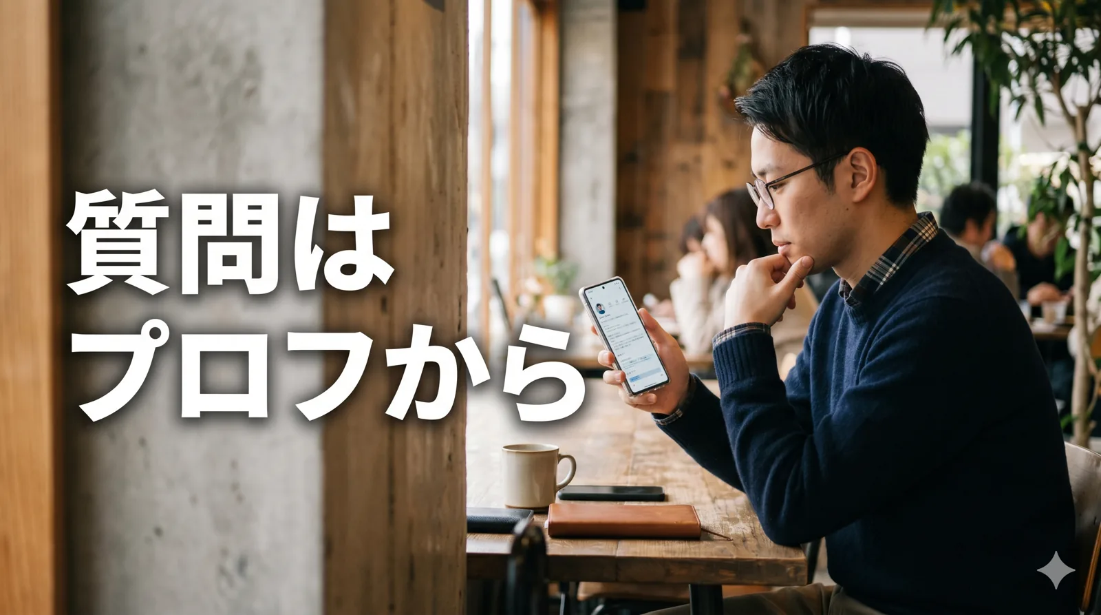 相手のプロフを見て考える男性