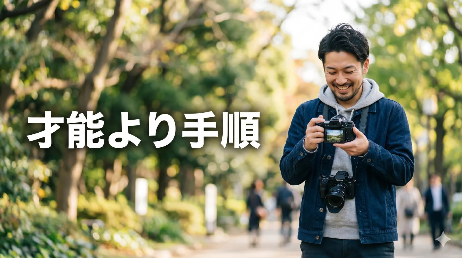 写真に満足げな男性