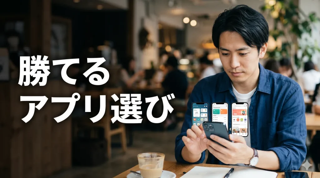 複数アプリを見比べる男性