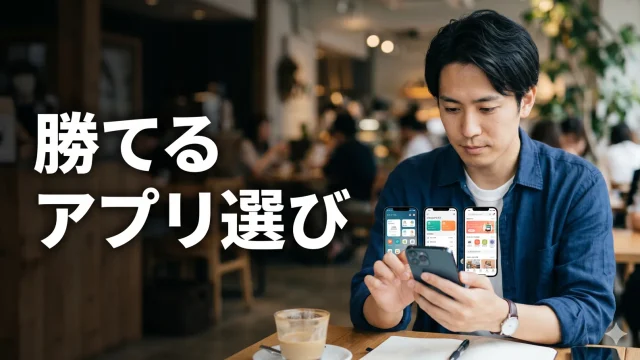複数アプリを見比べる男性