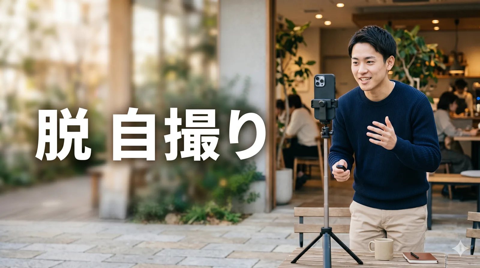 三脚で自分を撮る男性