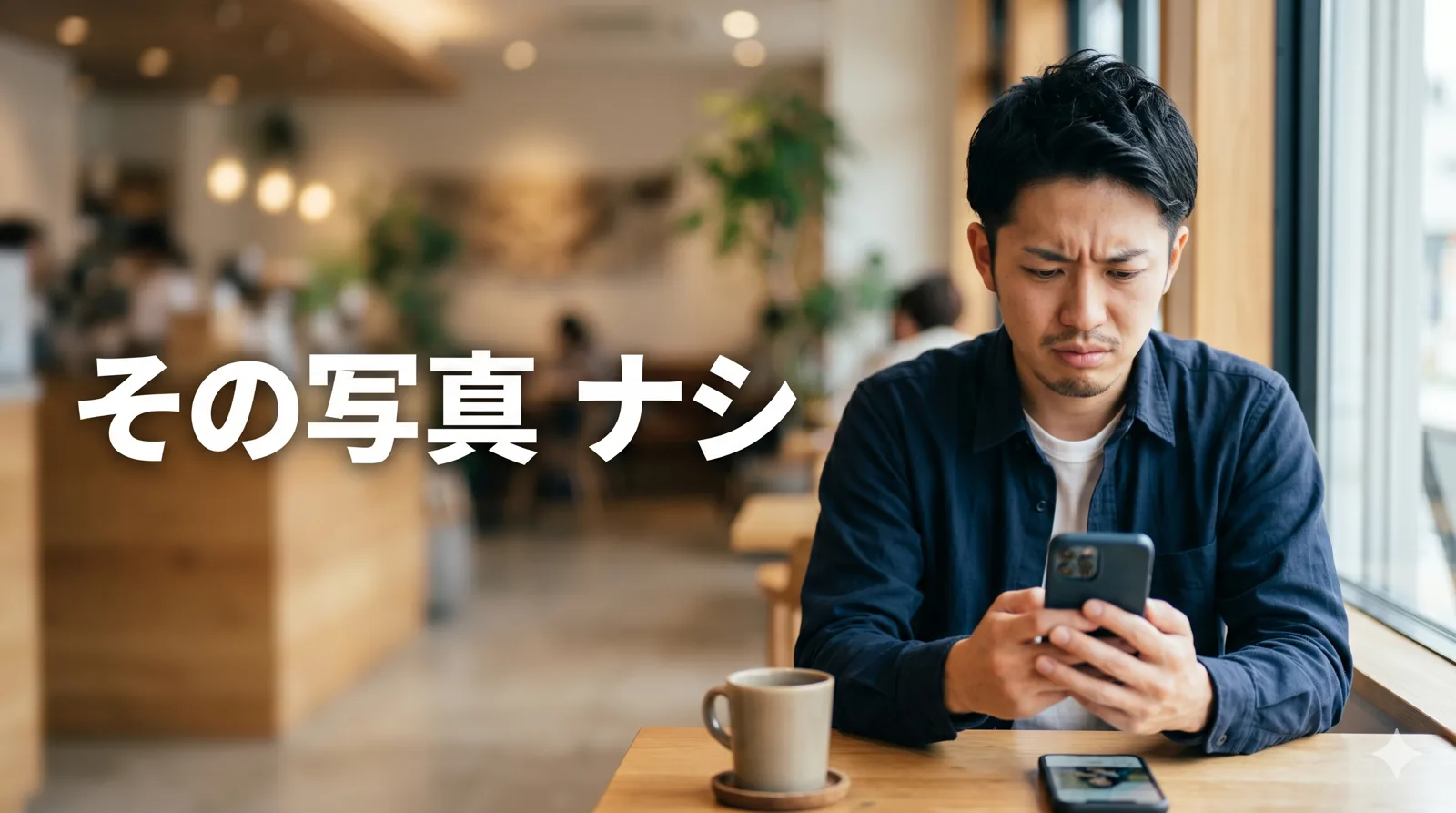 自分の写真を渋い顔で見る男性